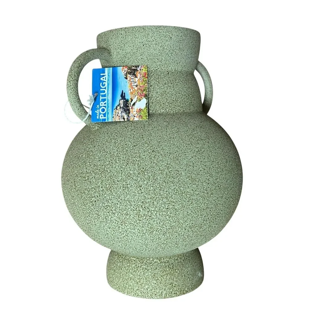 Portugal Decor Pottery Vase Green Speckled Ceramic Double Handle Textured Urn